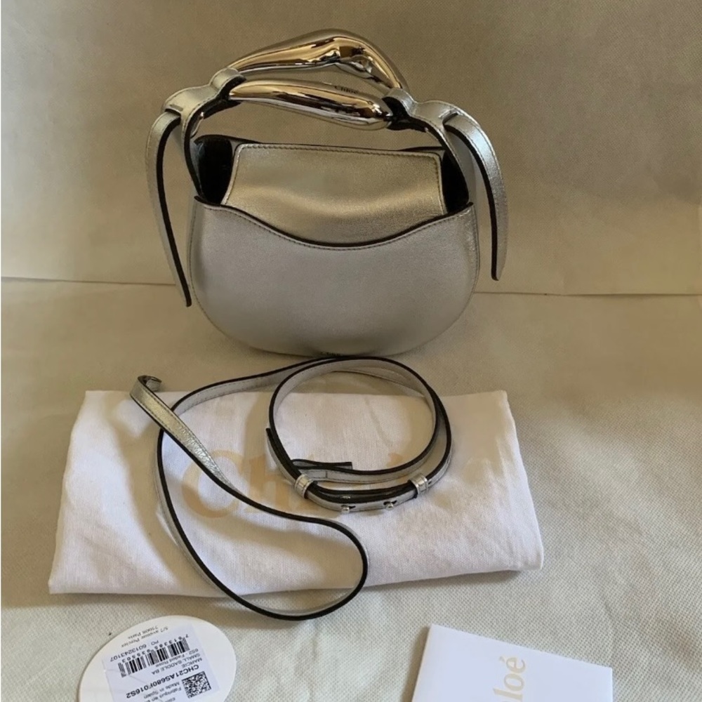 New Chloe Metallic Ring Top Handle Crossbody Bag, Silver